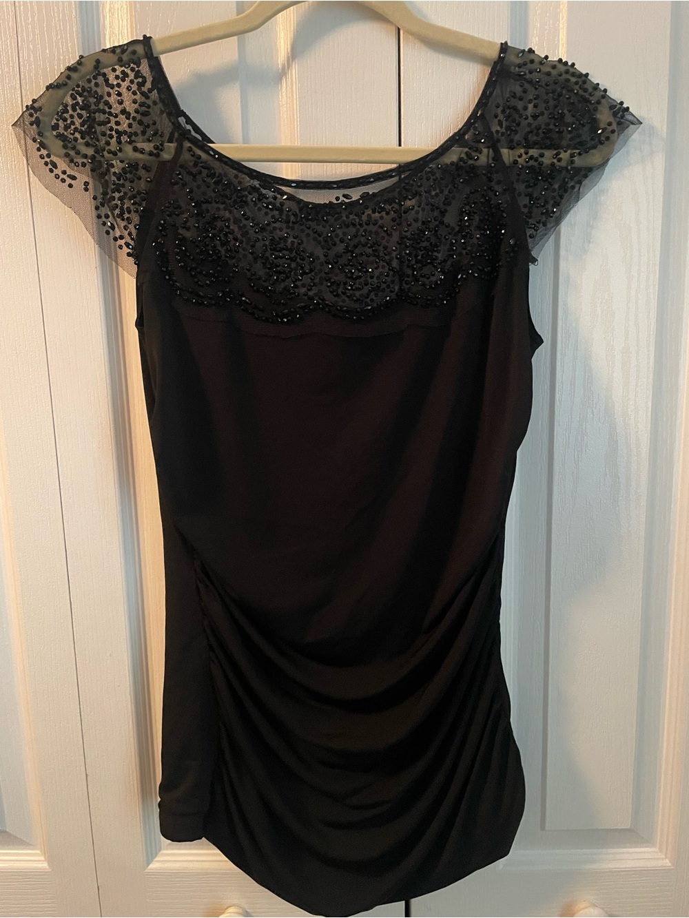 Beaded Mesh Yoke Black Cocktail Blouse